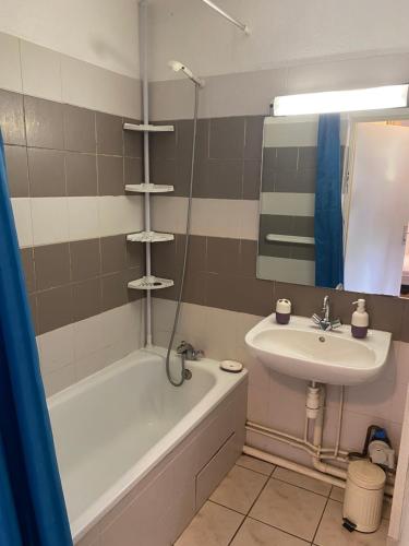 une salle de bain avec un lavabo et une baignoire et un lavabo dans l'établissement Appt briancon 4 pers au pied des remontés mécaniques le relais de la guisane, à Briançon