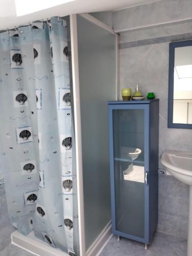 a bathroom with a shower curtain and a sink at B&B A'la Funtäna in Castiglione di Ravenna