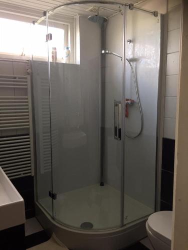 a glass shower in a bathroom with a toilet at Texelstrand in Den Hoorn