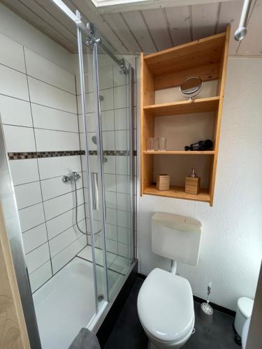 ein Bad mit einer Dusche und einem WC in der Unterkunft Eleven Apartments in Rust