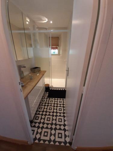 a bathroom with a walk in shower and a sink at Les Gîtes de Roucayrols in Pampelonne