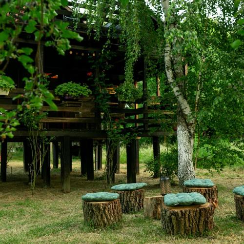 a group of stools sitting on logs with a tree at Marine House Makis in Ledine