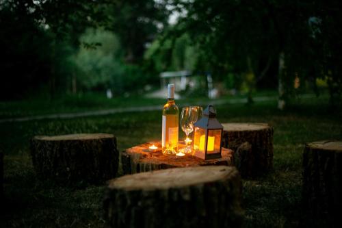 a bottle of wine and a lantern sitting on some logs at Marine House Makis in Ledine