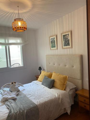 a bedroom with a bed and a chandelier at apartamento plaza del parque in Villanueva de Arosa