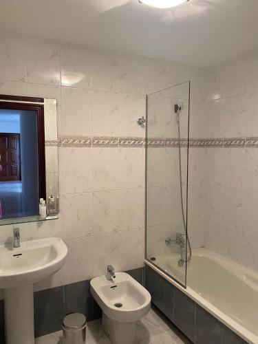 a bathroom with a sink and a toilet and a shower at apartamento plaza del parque in Villanueva de Arosa