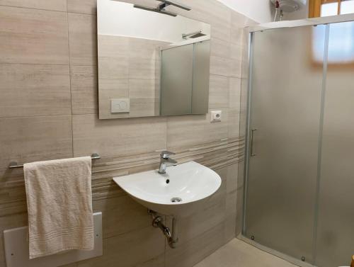 un bagno con lavandino e doccia di Appartamenti Alba e Tramonto a Marina di Mancaversa