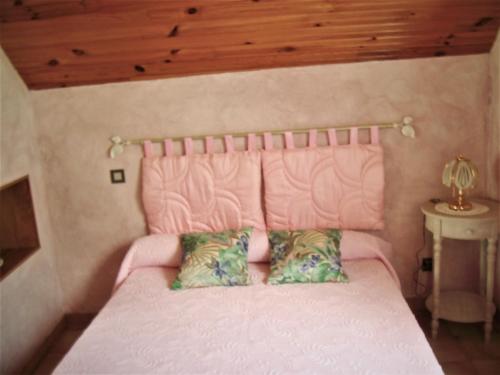 sypialnia z różowym łóżkiem i różowym zagłówkiem w obiekcie petite maison de montagne avec jardin w mieście Cier-de-Luchon