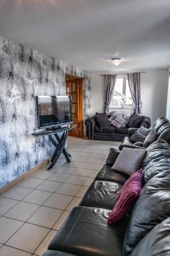 a living room with couches and a flat screen tv at Pantysgyfarnog near Carmarthenshire Pembrokeshire in Carmarthen