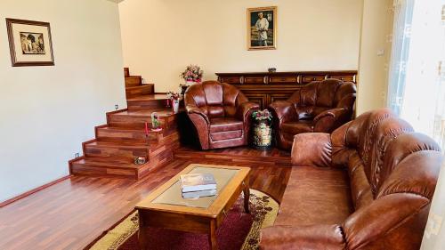 a living room with leather couches and a table at LETO House in Târgu Jiu