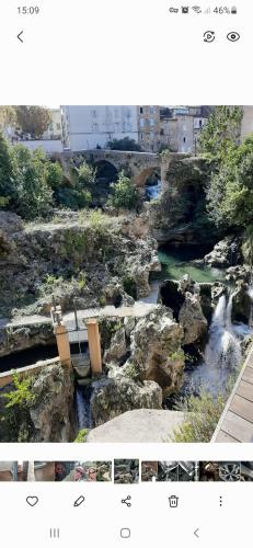 two pictures of a river with two chairs and a bridge at Le Logis des Templiers appartement climatisé in Régusse