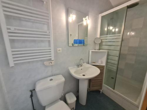 a white bathroom with a toilet and a sink at La Maison des Grands Bambous - L'Angoumois L'Aunis La Saintonge La Boutonne in Louzignac
