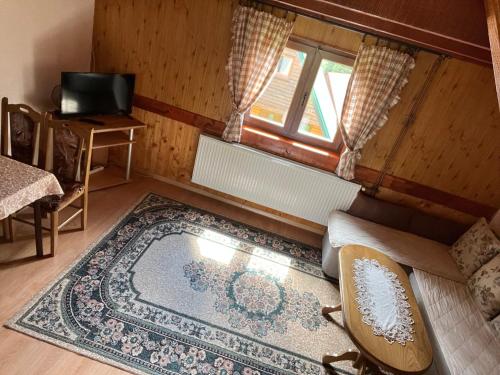 a living room with a rug and a couch and a window at Bungalows Krstajić in Žabljak