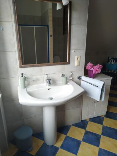 ein Badezimmer mit einem weißen Waschbecken und einem Spiegel in der Unterkunft Lilia in Kosakowo