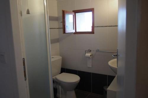 uma casa de banho com um WC, um lavatório e uma janela em La Case à Jane, gite familial en pays tarnais em Coufouleux