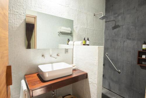 a bathroom with a sink and a shower at Nardazul "Casa de Sueños" in Oaxaca City