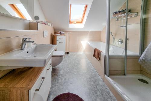 uma casa de banho com um lavatório, um chuveiro e um WC. em PREMIUM Ferienwohnung Michelau em Michelau