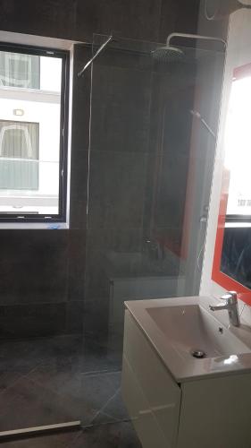 a bathroom with a sink and a glass shower at Apartament FIORE BLU ( vedere la mare si lac) in Năvodari