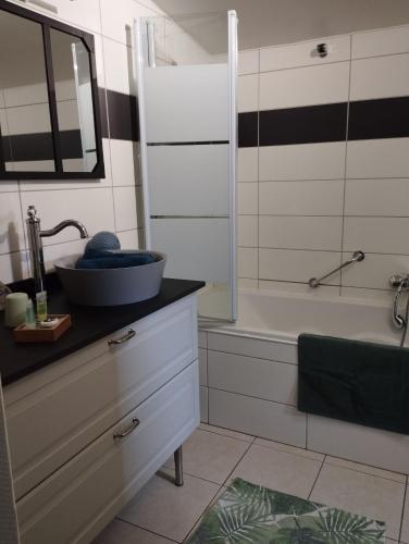 a bathroom with a sink and a bath tub and a sink at La chambre d Angeline in Foy-Notre-Dame