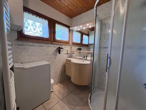 une salle de bain avec un lavabo et une douche dans l'établissement Petit Lutin - Chalet sur les pistes, à La Clusaz
