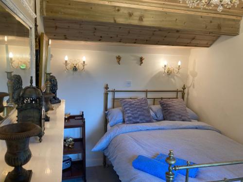 a bedroom with a large bed with blue pillows at The Gin Palace with cosy logburner in Wrexham