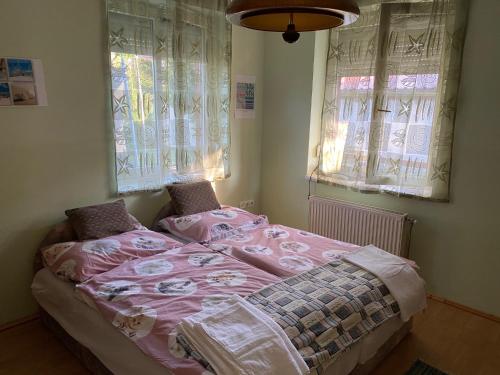 Schlafzimmer mit einem Bett mit rosa Bettwäsche und Fenstern in der Unterkunft Relax Home/Lazit-Lak in Ebergőc