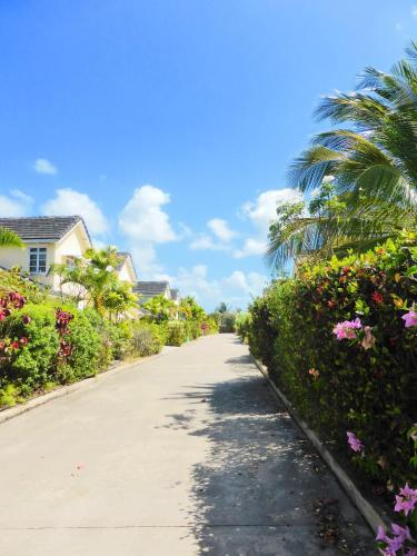 a road with flowers and palm trees on the side at Surfer's Paradise Retreat - Gated Community Townhouse for Surfers & Families in Christ Church