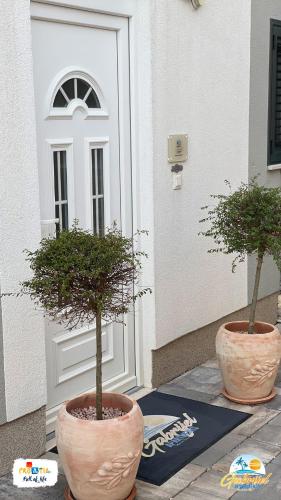 two potted trees sitting in pots in front of a door at Gabrijel Apartments Makarska 1 in Makarska