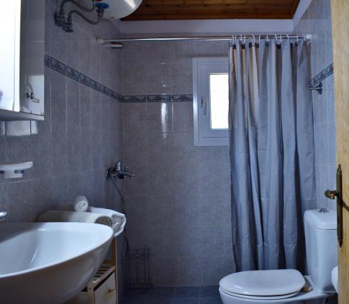 a bathroom with a sink and a toilet and a shower at Cozy cottage with garden and olive grove of 5 acr in Mavráta