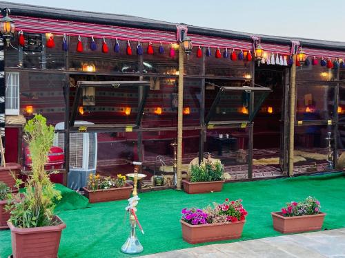a patio with potted plants in front of a building at Petra Aretas Hotel in Wadi Musa