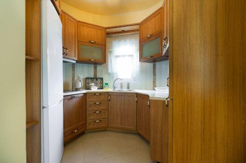 a small kitchen with wooden cabinets and a sink at Apartments Alexandros in Polykhrono