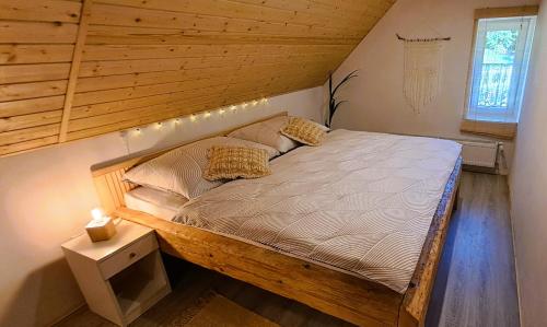 een bed in een kamer met een houten plafond bij Apartmán u Ještěrky se saunou v ceně, Rejvízská 29, Jeseník in Jeseník