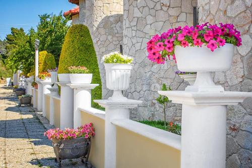 a row of white pillars with flowers in white vases at Apartments Alexandros in Polykhrono