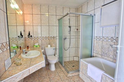 uma casa de banho com um WC, um chuveiro e um lavatório. em Hotel Thule em Windhoek