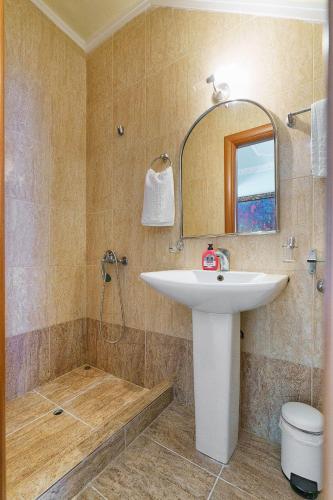 a bathroom with a sink and a toilet and a mirror at Apartments Alexandros in Polykhrono