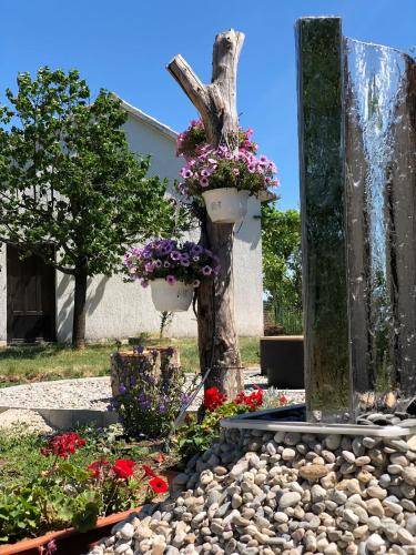 a garden with flowers and a water fountain at Villa Emili in Posušje