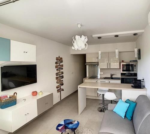 un salon avec un canapé et une cuisine dans l'établissement Studio - 1 minute de la plage et de la Promenade des Anglais, à Nice