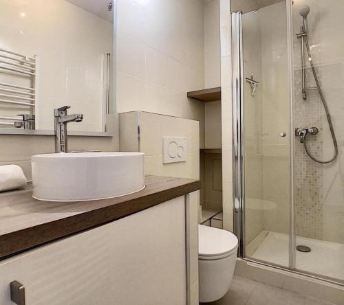 La salle de bains est pourvue d'un lavabo, d'une douche et de toilettes. dans l'établissement Studio - 1 minute de la plage et de la Promenade des Anglais, à Nice