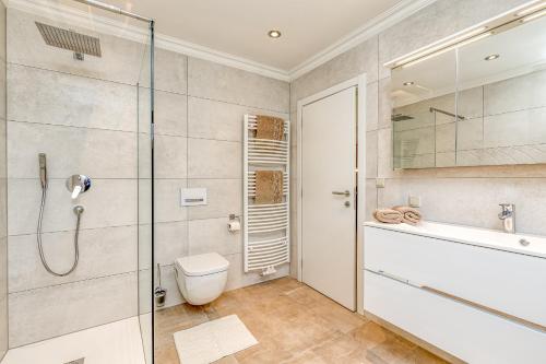 a bathroom with a shower and a toilet and a sink at Villa Milena with Pool and Sea View in Crveni Vrh