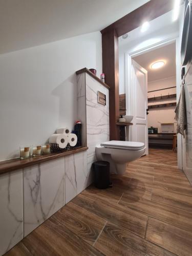 łazienka z białą toaletą w pokoju w obiekcie Apartament nad BRDĄ , agroturystyka. w mieście Raciąż