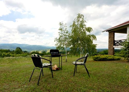 two chairs and a table with a grill in the grass at Vila Pellegrini in Arandjelovac