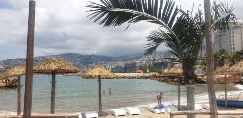 a beach with chairs and umbrellas and a palm tree at Lamedina Hotel & Resort in Jounieh