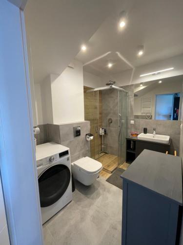 een badkamer met een toilet, een wastafel en een douche bij Blue Wave Garden in Dziwnówek