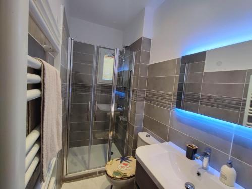 une salle de bain avec une douche, un lavabo et des toilettes dans l'établissement le jardin botanique, à Perpignan
