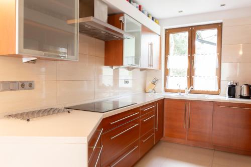 cocina con armarios de madera y encimera en Ancoba House, en Łomna