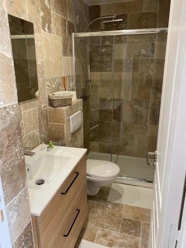 une salle de bain avec un lavabo, des toilettes et une douche dans l'établissement Best studio with AC - 15 min beach - 5 min bars, à Nice