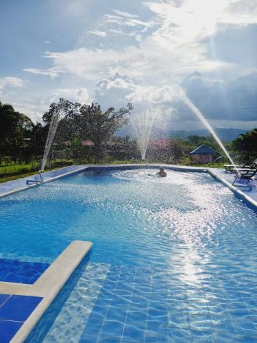 a large swimming pool with a water fountain at Villa Monica in Montenegro