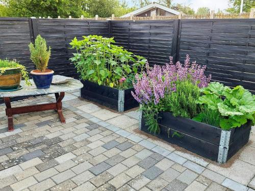 Trois pots de plantes et une table dans un jardin dans l'établissement 6 person holiday home in Kors r, à Korsør