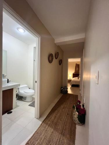a bathroom with a toilet and a sink and a mirror at Semana Santa frente al mar con dos terrazas del 30 de marzo al 5 de abril Semana pascua 6 al 12 abril in Nuevo Vallarta