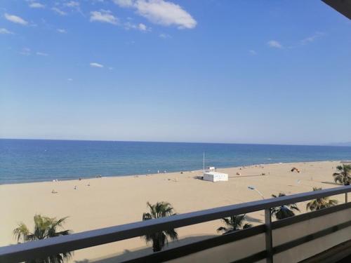 a view of a beach with palm trees and the ocean at Le Galion -1er Ligne Vue Mer Classe3*+parking in Canet-en-Roussillon