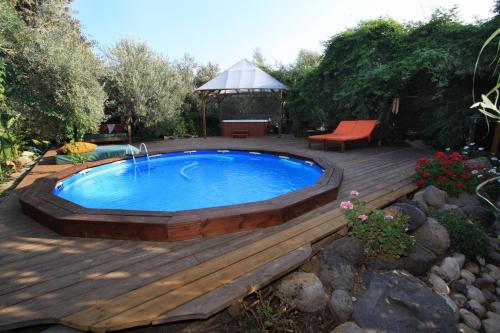 a pool on a wooden deck with a hot tub at Spa Chalets In Olive Grove in Eli Ad